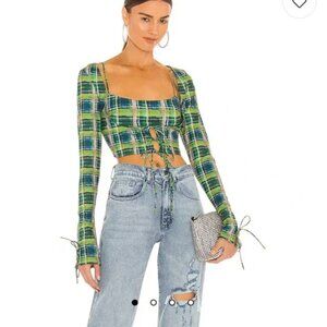 Danielle Guizio Plaid Scoop Tie cardigan and Bralette Set